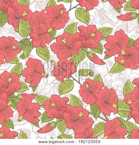 Roselle flower branch graphic color seamless pattern sketch illustration vector