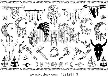 Hand drawn doodles boho, tribal design elements with dreamcatcher, feathers, arrows, bull, deer, skull, antler, moon. Native vector sketched set