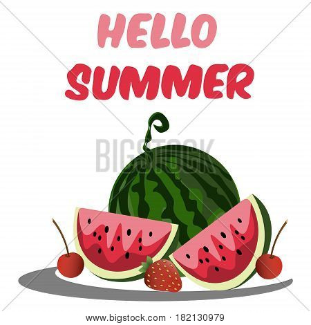 Hello summer greeting card. Water, elon on plate