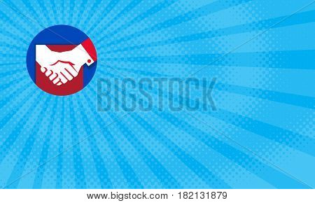 Business card showing Illustration of a hand shaking business deal set inside circle done in retro style.