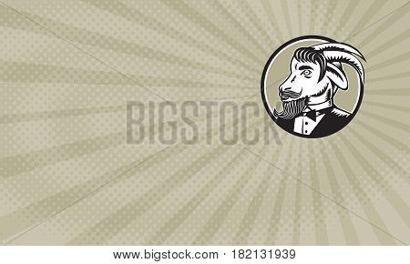 Business card showing Illustration of a goat ram with big horns and moustache beard wearing tuxedo suit looking to the side set inside circle done in retro woodcut style.