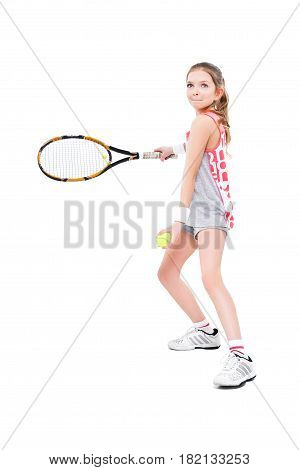 ttractive girl tennis player standing isolated on white background