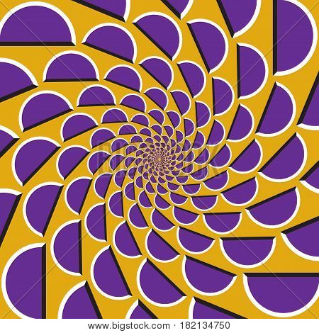 Optical motion illusion background. Purple shapes fly apart circularly from the center on yellow background.