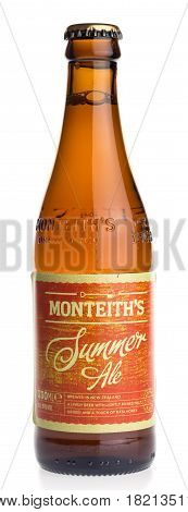 GRONINGEN, NETHERLANDS - APRIL 15, 2017: Bottle of New Zealand Monteith Summer Ale beer isolated on a white background
