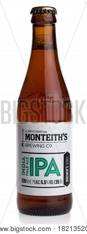 GRONINGEN, NETHERLANDS - APRIL 15, 2017: Bottle of New Zealand Monteith IPA beer isolated on a white background