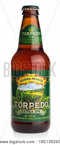 GRONINGEN, NETHERLANDS - APRIL 15, 2017: Bottle of American Sierra Nevada Torpedo Extra IPA beer isolated on a white background