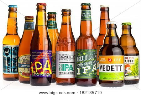 GRONINGEN, NETHERLANDS - APRIL 15, 2017: Collection of Brewdog, Groningen, Kona, Freeride, Anchor, Flying Dutchman, Monteiths, Vedett and La Chouffe Indian Pale Ale beers isolated on a white background