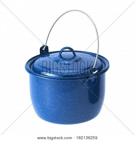 Blue Enameled Convex Kettle Isolated On White Background. Cooking Pots. Cooking Pan. Enamelware Fami