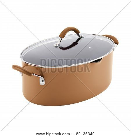 Brown Oval Nonstick Stockpot With Glass Lid Isolated On White Background. Cooking Pots With Glass Li