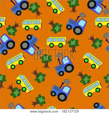 seamless pattern for kids drawing tractor bus tree on orange background