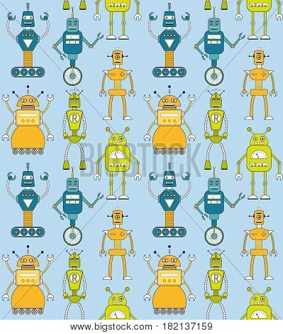 Retro toy robots seamless pattern in flat style. EPS10 vector background of vintage robot characters.