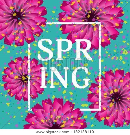 Beautiful festive turquoise background with flowers and confetti. Spring or summer carnival. A bright holiday. Vector illustration.