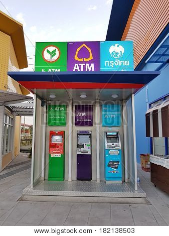 BANGKOK THAILAND - MARCH 31 : ATM of three banks in the public area on March 31 2017 in Bangkok Thailand.