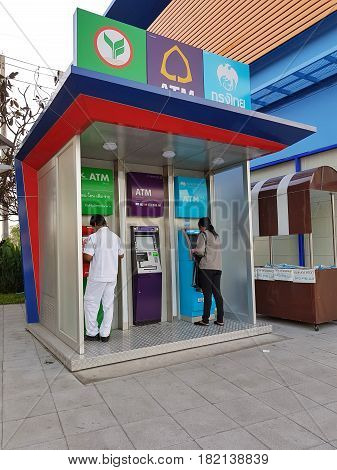BANGKOK THAILAND - MARCH 31 : ATM of three banks in the public area on March 31 2017 in Bangkok Thailand.