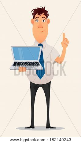 Business man cartoon character. Smiling businessman in office shirt and trousers holding laptop and showing pointing gesture having idea - stock vector