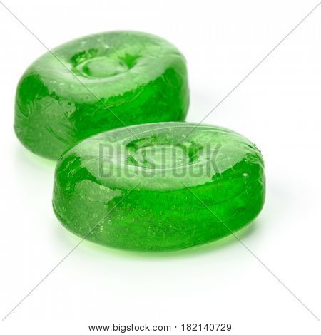 Two colorful fruit hard sugar candies,  boiled sweeties or sugar plums isolated on white background cutout