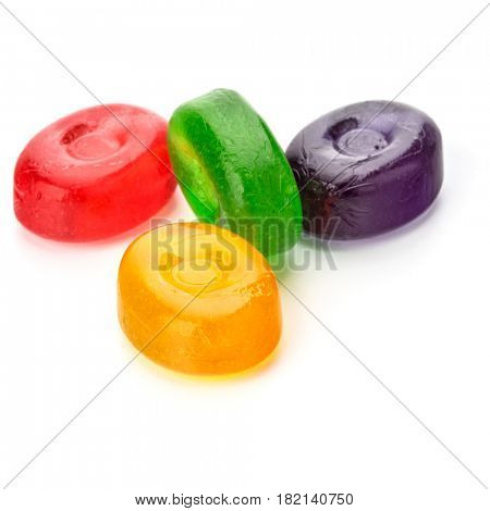 Four colorful fruit hard sugar candies,  boiled sweeties or sugar plums isolated on white background cutout