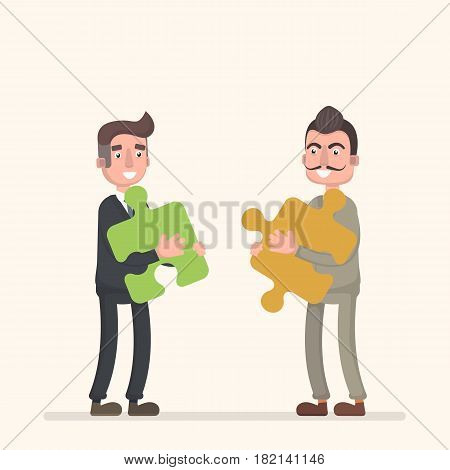 Two Business connecting puzzle pieces to find the solution. Vector illustration in a flat style.