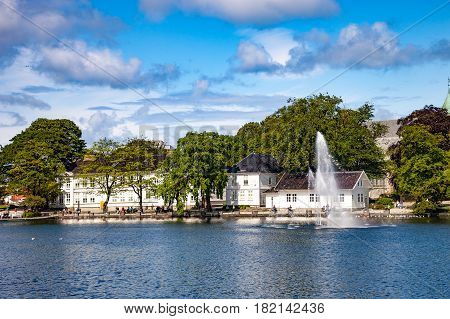 Breiavatnet is the small lake with fountain situated in the centre of Stavanger Norway.