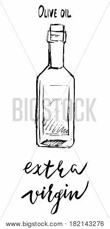 Set of hand drawn vector illustration and lettering olive oil olive branch and bottle for olive oil labels restaurant natural products. perfect stickers and badges for your business