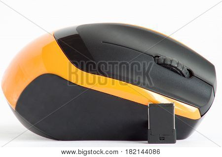 Modern wireless computer mouse on the white background. Close-up.