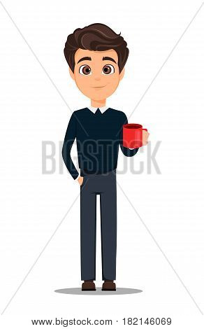 Business man cartoon character. Young handsome smiling businessman in smart casual clothes with cup of hot coffee having a rest while coffee-break - stock vector