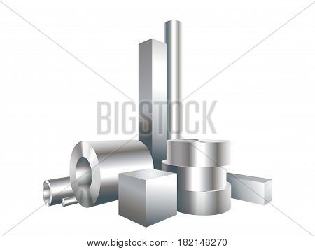 Group different metal steel objects circle square sleeve pipe. Vector illustration.