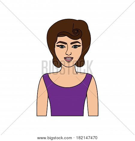 colorful silhouette of half body woman with purple blouse and eighties hairstyle vector illustration