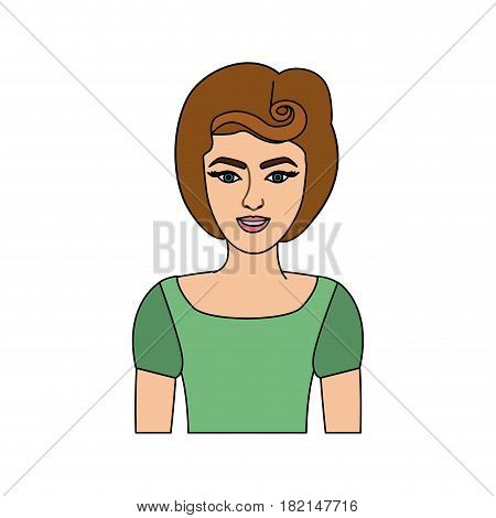 colorful silhouette of half body woman with green t-shirt and pin up swirl hairstyle vector illustration