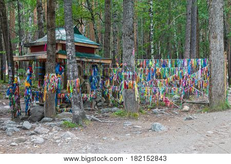 Zalaa - tapes, tied to the trees. Sacred place in Arshan resort. Buryatia