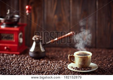 Coffee. Turkish coffee. Armenian Turkish coffee. Cezve and cup of coffee. Traditional serving coffee.