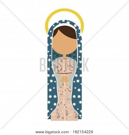 white background of faceless virgin with light blue mantle with stars and aura vector illustration