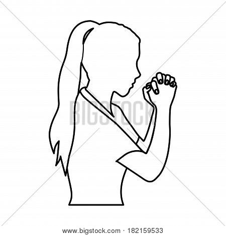 monochrome contour of half body woman praying vector illustration
