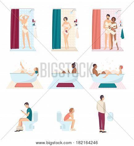 People in bathroom wash and using toilet, everyday hygiene. Couple take a shower, man pissing in a urinal, guy reading in the bath. Colorful flat illustrations set