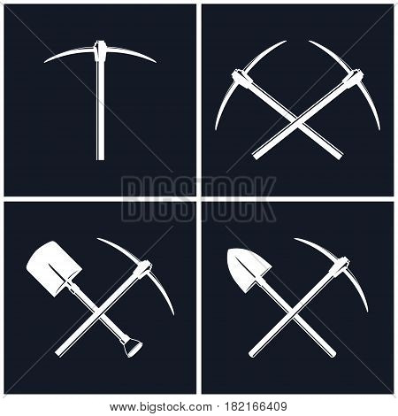 White Tools for Excavation Isolated on Black Background, Two Crossed Pickaxes and Crossed Shovel with Pickaxe, Mining Industry, Black and White Vector Illustration