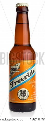 GRONINGEN, NETHERLANDS - APRIL 15, 2017: Bottle of Italian Freeride IPA craft beer isolated on a white background