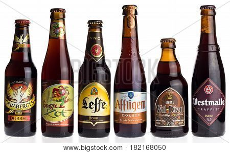 GRONINGEN, NETHERLANDS - APRIL 15, 2017: Collection of Grimbergen, Brugse Zot, Leffe, Affligem, Val-Dieu and Westmalle double beers isolated on a white background