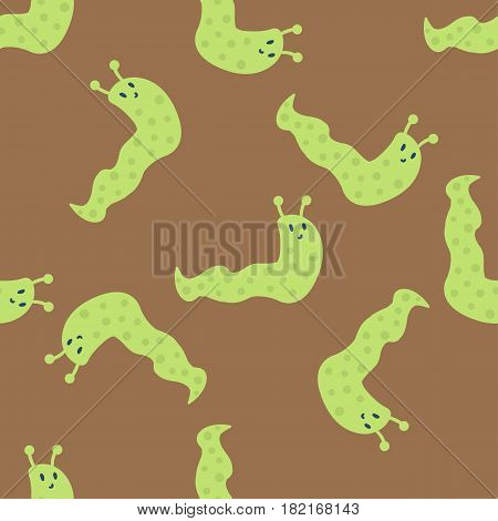 Garden wildlife snail seamless pattern slime sticky insect slug. Fun invertebrate wet mucus pest sliding creature farm. Spiral slimy brown nature gastropod animal vector illustration.