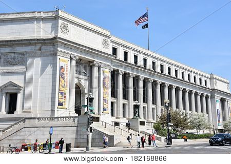 WASHINGTON, DC - APR 15: Smithsonian National Postal Museum in Washington, DC, as seen on April 15, 2017. It was established through joint agreement between the United States Postal Service and the Smithsonian Institution and opened in 1993.