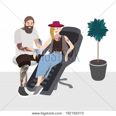 Tattoo master at work. Professional tattooer doing tattoo to young woman. Tattooist with client. Flat illustration