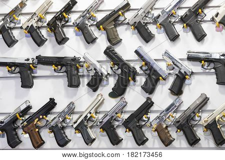 ISTANBUL, TURKEY - 1 APRIL 2017: Showcase of a gun shop in Istanbul at a weapons store on the Galata Bridge.