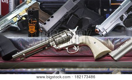 ISTANBUL, TURKEY - 1 APRIL 2017: Showcase of a gun shop in Istanbul at a weapons store on the Galata Bridge.