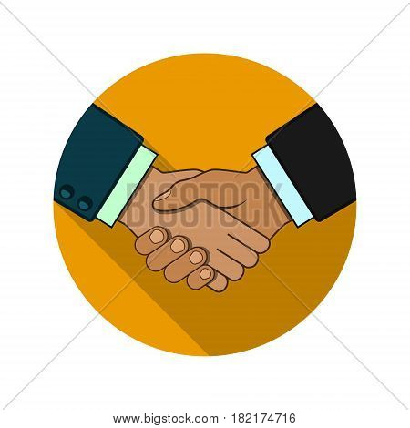 Shaking hands business vector illustration symbol of success deal happy partnership greeting shake casual handshaking agreement round color sign.