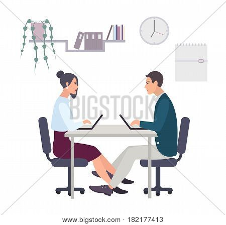 Concept for office romance, flirting at work, love-affair. Couple, man and woman working at the laptop. Colorful vector illustration in flat style