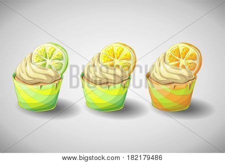 Set of capkakes. Hand draw. Citrus cupcake. Vector illustration