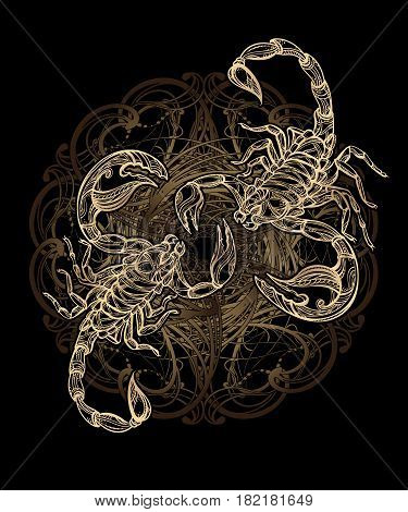 Scorpion tattoo - ornate gold scorpion image on black background, sign horoscope