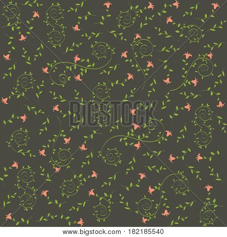 Elegant seamless floral pattern with bell flowers and vintage baroque curls on dark background. For fabric wallpaper gift wrapping scrapbooking. Repeating unique design