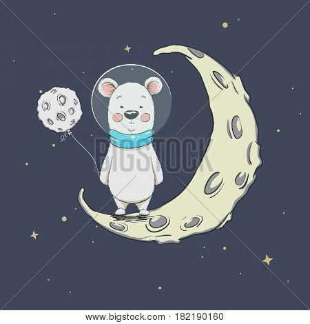 Astronaut bear on crescent moon .Space adventure.Childish prints design for kids wear