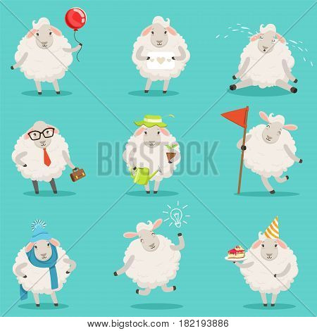 Funny cute little sheep cartoon characters set for label design. Sheep activities with different emotions and poses. Colorful detailed vector Illustrations isolated on white background