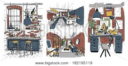 Modern rooms interiors in loft style. Set of hand drawn colorful illustration